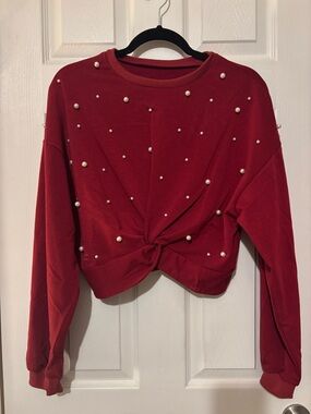 Pearl-Embellished Maroon Twist-Front Cropped Top